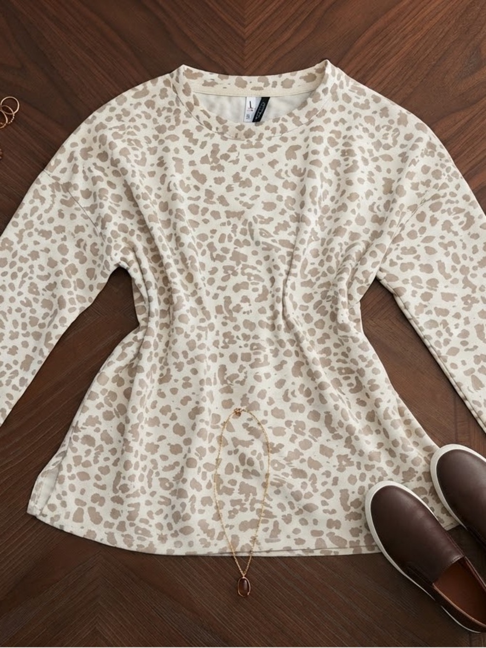 Beige Leopard Print Long Sleeve Top - Women